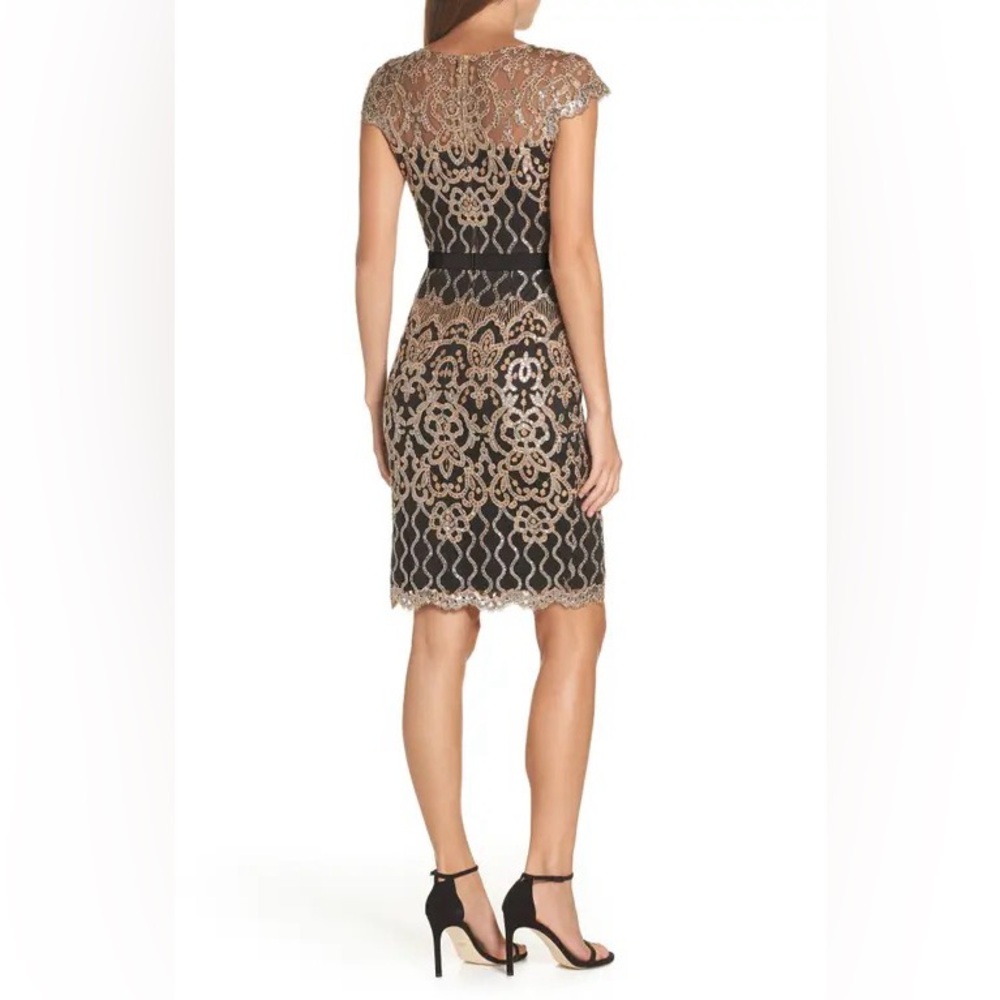 Tadashi Shoji Sequin Lace Body-Con Cocktail Black Gold Dress Sz 8 - Picture 3 of 5